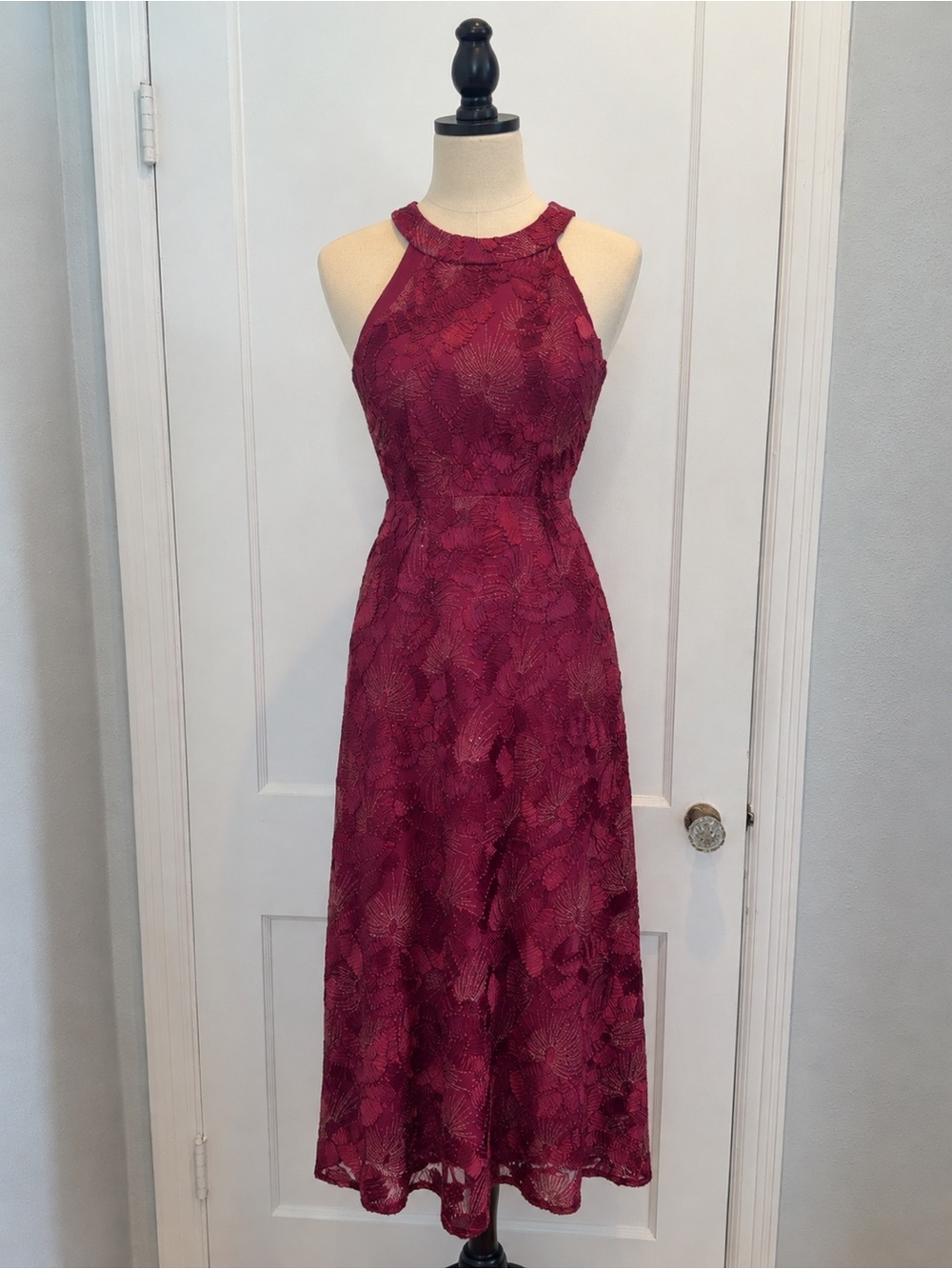Betsy & Adam Burgundy Intricate Detailed Formal Dress